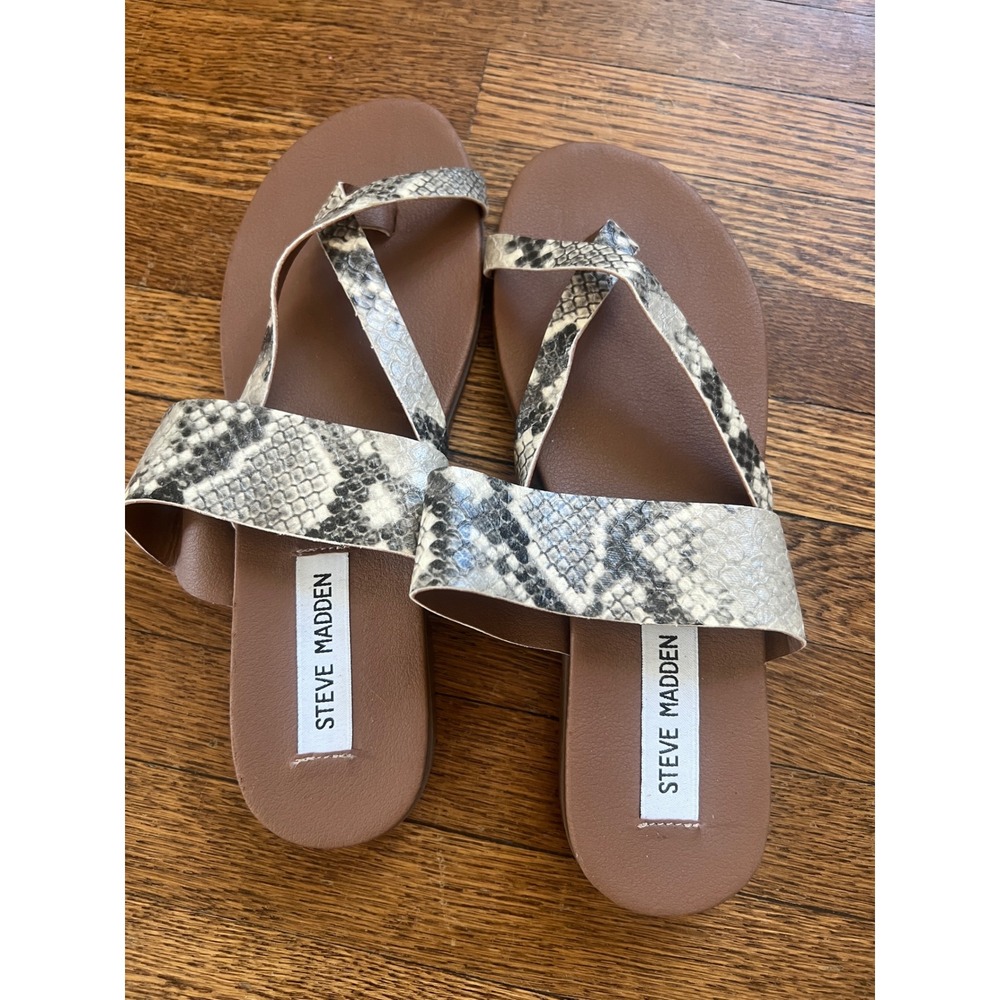 Steve Madden Womens Snakeskin Print Toe Ring Flat Slide Sandals Grey Brown 7.5